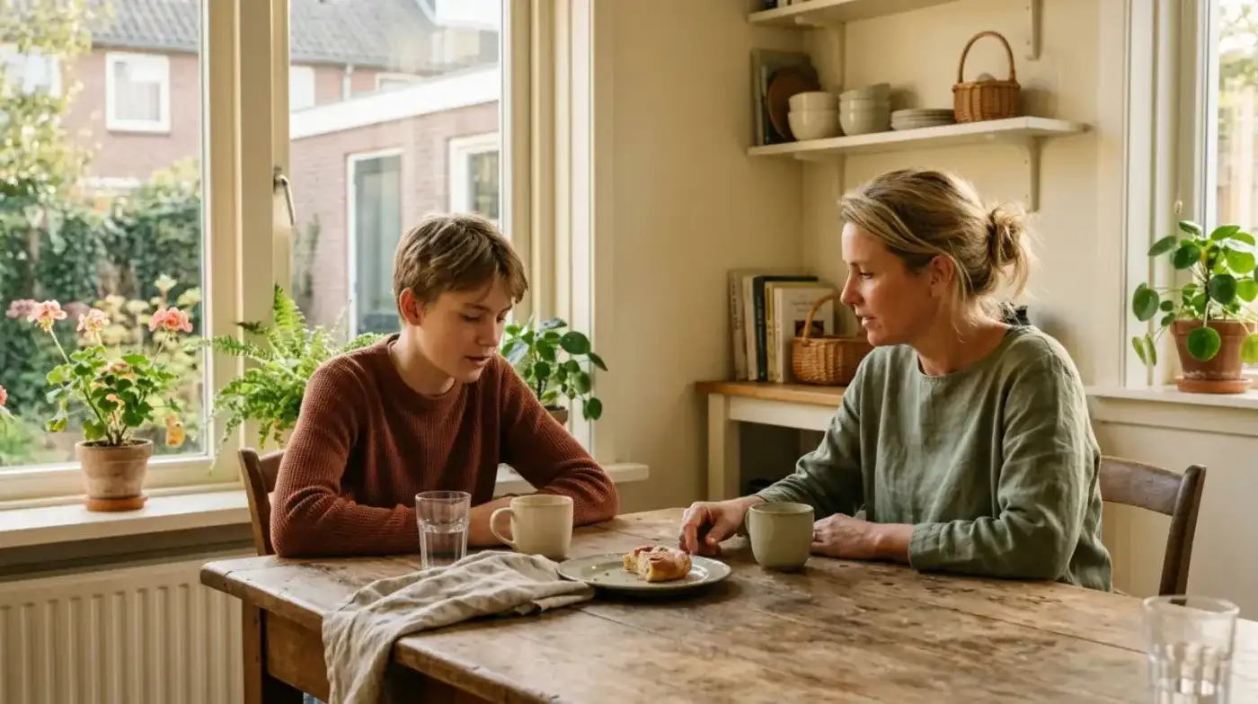 Moeder en zoon in gesprek aan de keukentafel tijdens een ambulant gesprek