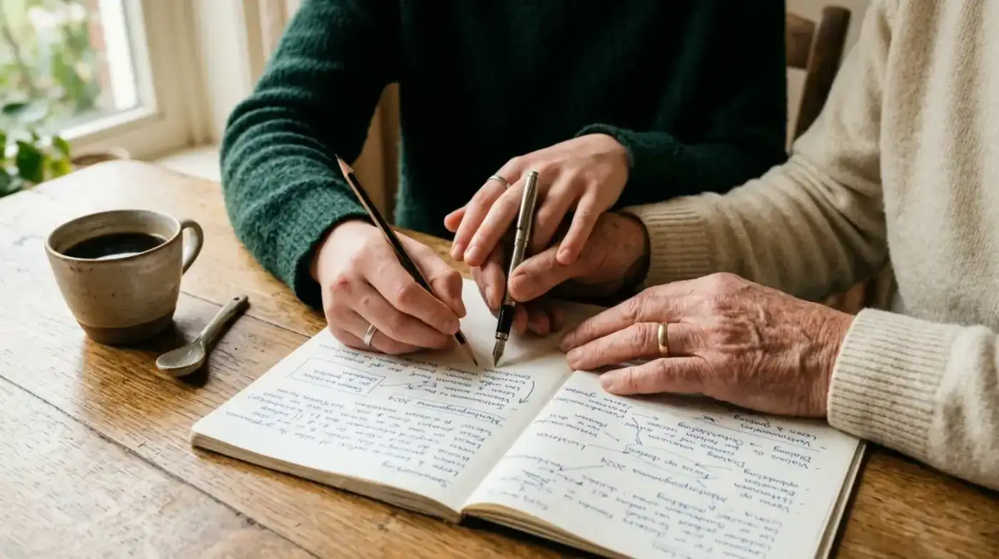 Handen van een mentor en jongere bij een notitieboek