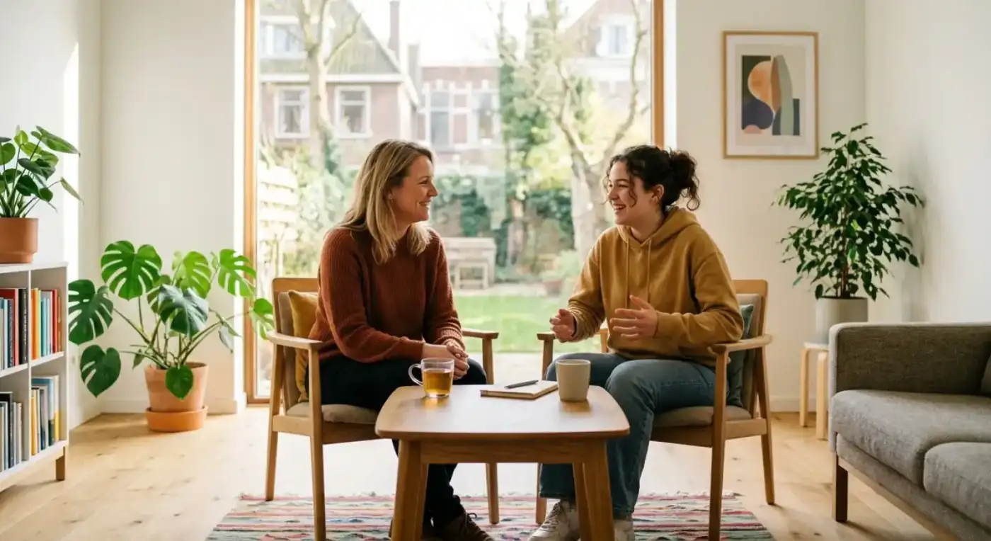 Begeleider en jongere in gesprek aan tafel